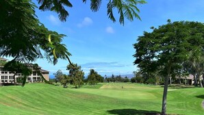 A golf course with a well-maintained lawn, trees, and a clear sky. - Relaxed Island Living with Ocean & Golf Views (Waikoloa Village)