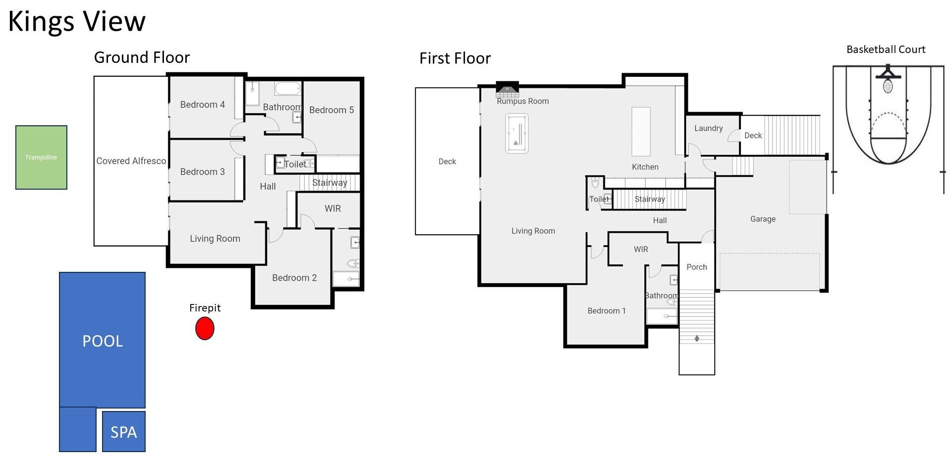 A Kings View hotel layout with a ground floor featuring bedrooms, a covered alfresco, a living room, a firepit, and a pool area. The first floor includes a deck, kitchen, laundry, and a basketball court.