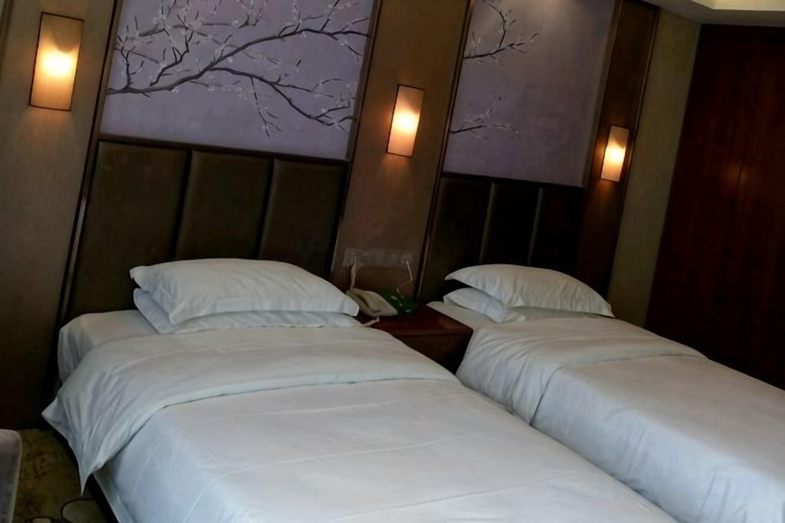 Una camera d'albergo con due letti singoli, una testiera in legno e illuminazione a parete.