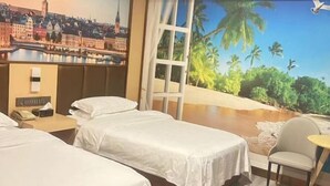 A hotel room with two beds, a small table, a chair, and a mural of a cityscape and beach. - Hengyang Panlong Hotel (Hengyang County)