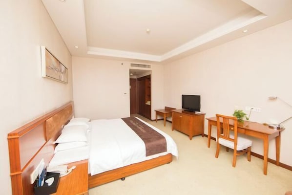 Hotelkamer met een bed, bureau, stoel, televisie en een kleine tafel met een plant.