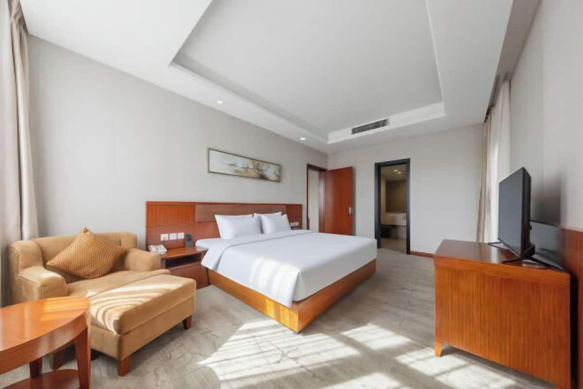 Une chambre d’hôtel avec un lit, un canapé, une télévision, un bureau et un tableau au mur.