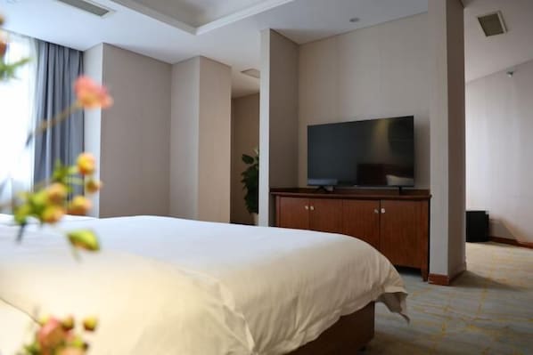 Una habitación de hotel con una cama grande, un televisor de pantalla plana sobre un mueble de madera y una planta en la esquina.