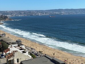 Un paisaje costero con playa, un barco grande a lo lejos y una zona urbana densa al fondo.
