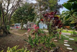 Stroll through a tranquil garden surrounded by lush tropical plants and trees, leading to a serene retreat with a blue door.