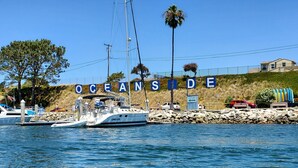 Un puerto deportivo con barcos amarrados, un letrero que dice "OCEANSIDE", y una costa rocosa con palmeras.