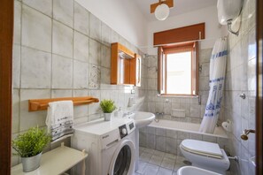 Hair dryer, bidet, towels, toilet paper
