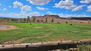 Un campo extenso con una valla de madera al frente, cielo azul despejado y una cadena montañosa en la distancia.