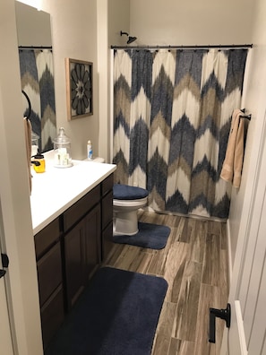 Shower, towels, soap, shampoo - Cozy Casa Bliss: 3 bedroom Desert Home (Casa Grande)