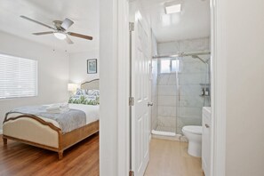 Hair dryer, towels, soap, shampoo