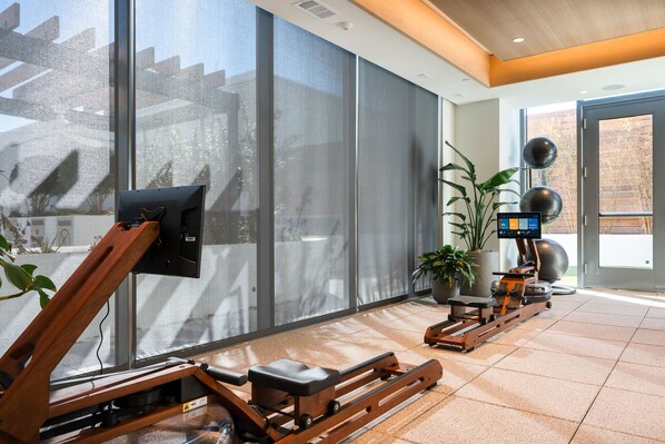 Un gimnasio moderno con equipo de ejercicio, ventanas amplias y plantas de interior.