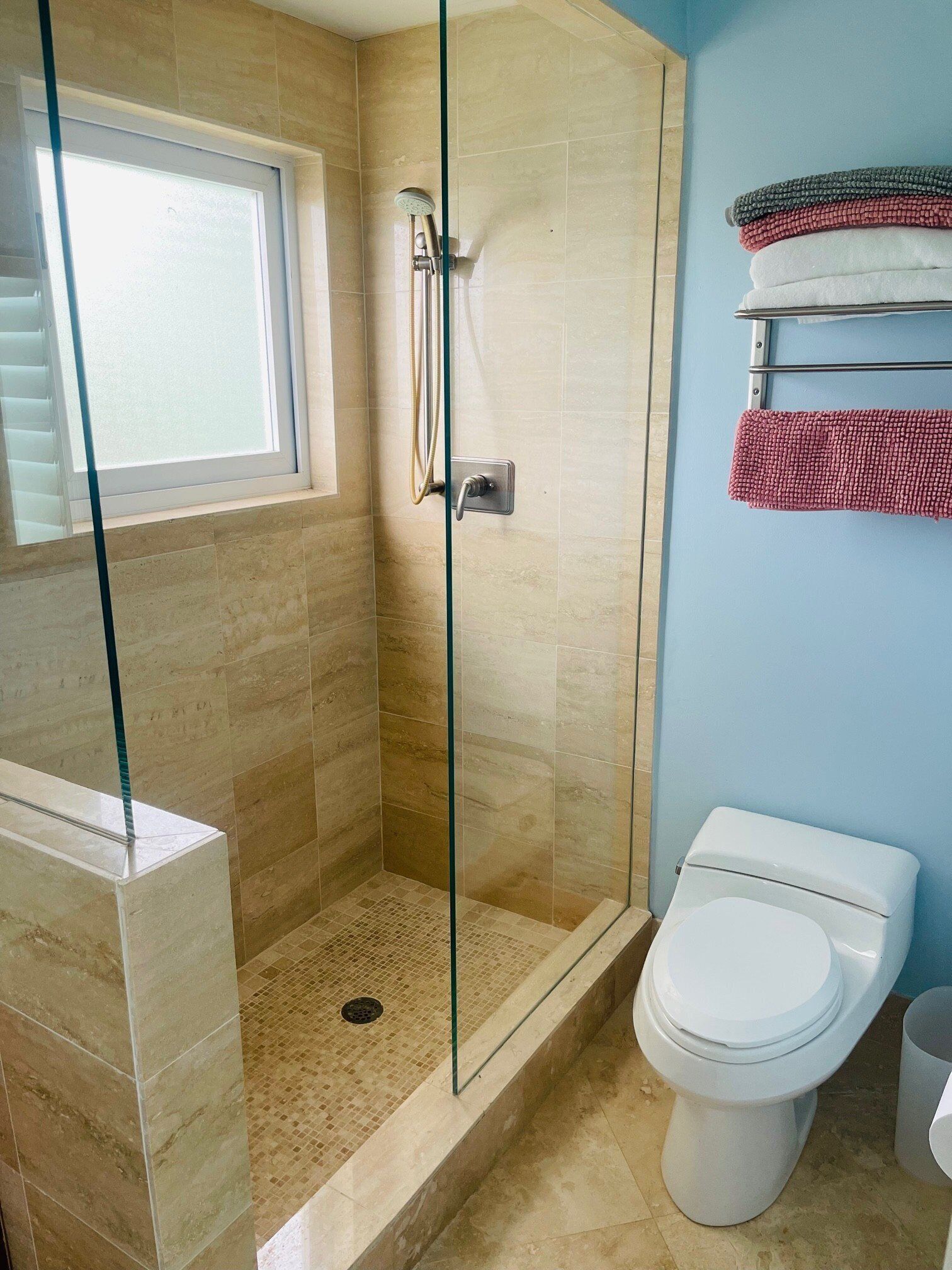 A bathroom with a glass-enclosed shower, a toilet, and a window.