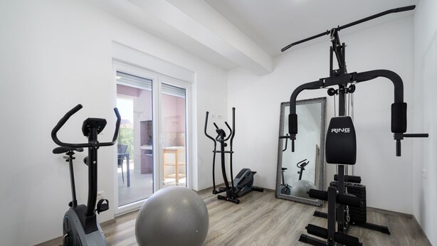 A home gym with an elliptical, a stationary bike, a medicine ball, and a multi-gym station. - Villa Manola (Istria - Labin) (Labin)