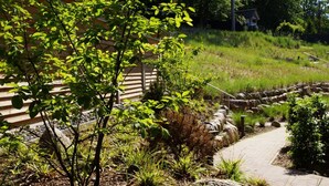 A pathway leading to a building with a wooden fence and a grassy hill in the background.