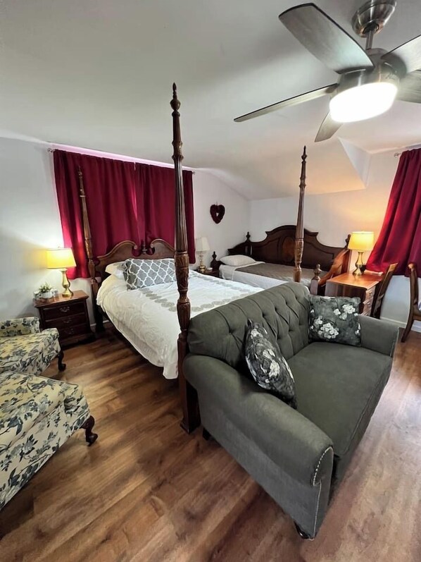 1 bedroom, desk, iron/ironing board, travel cot