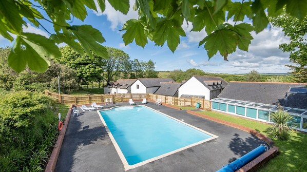 Ein Schwimmbecken mit Liegestühlen, ein Gewächshaus und ein eingezäunter Bereich mit Gebäuden im Hintergrund.