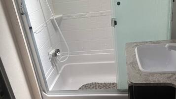 Shower, towels, toilet paper