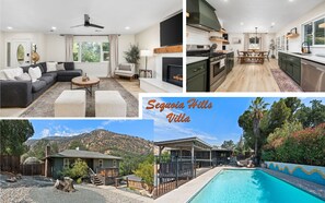 A modern villa interior with a living room, kitchen, and pool area. - Stunning Sequoia Hills Villa w/ pool, Game room, Hot tub, Firepit and EV charger (Three Rivers)