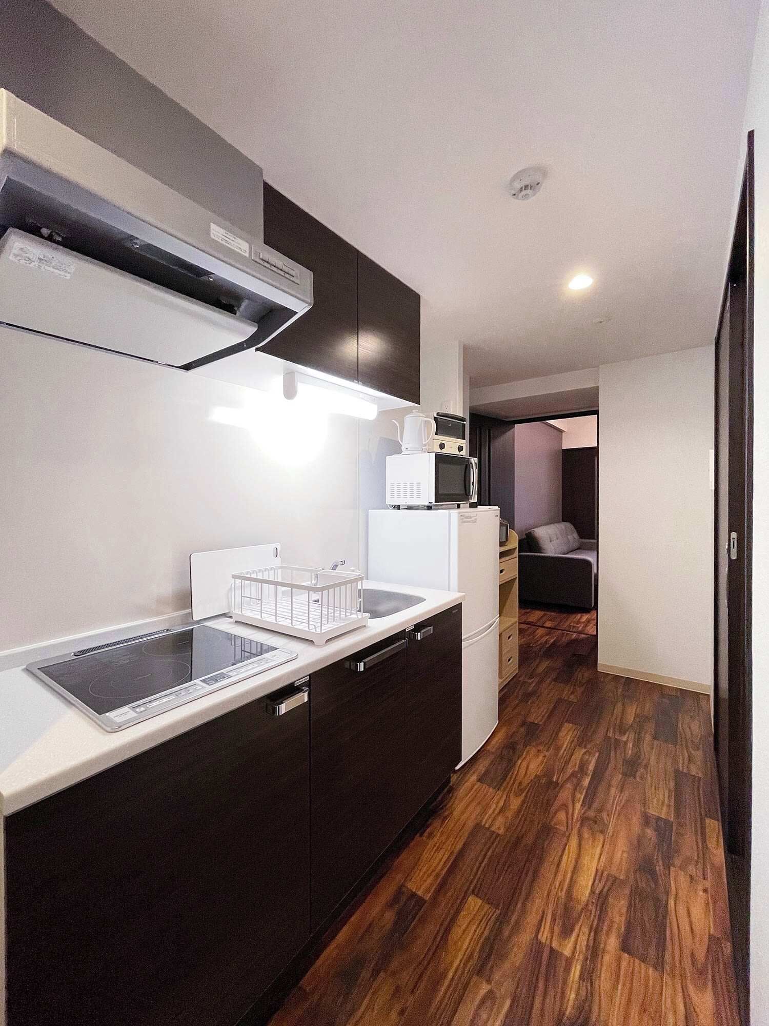 Fridge, microwave, stovetop, electric kettle