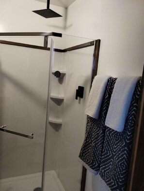Shower, hair dryer, towels, soap