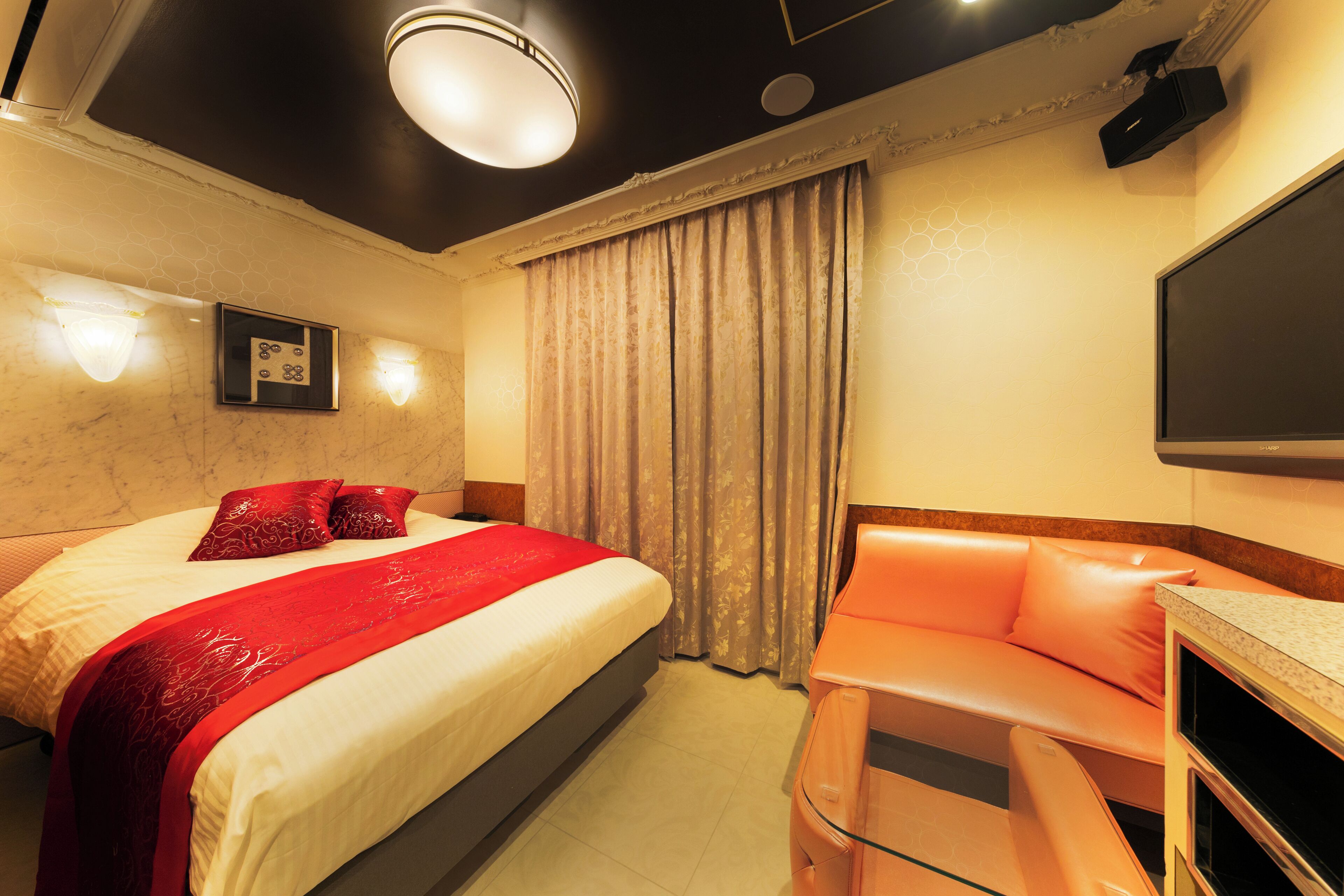 Una habitación de hotel con cama, sofá, televisión y una lámpara en el techo.