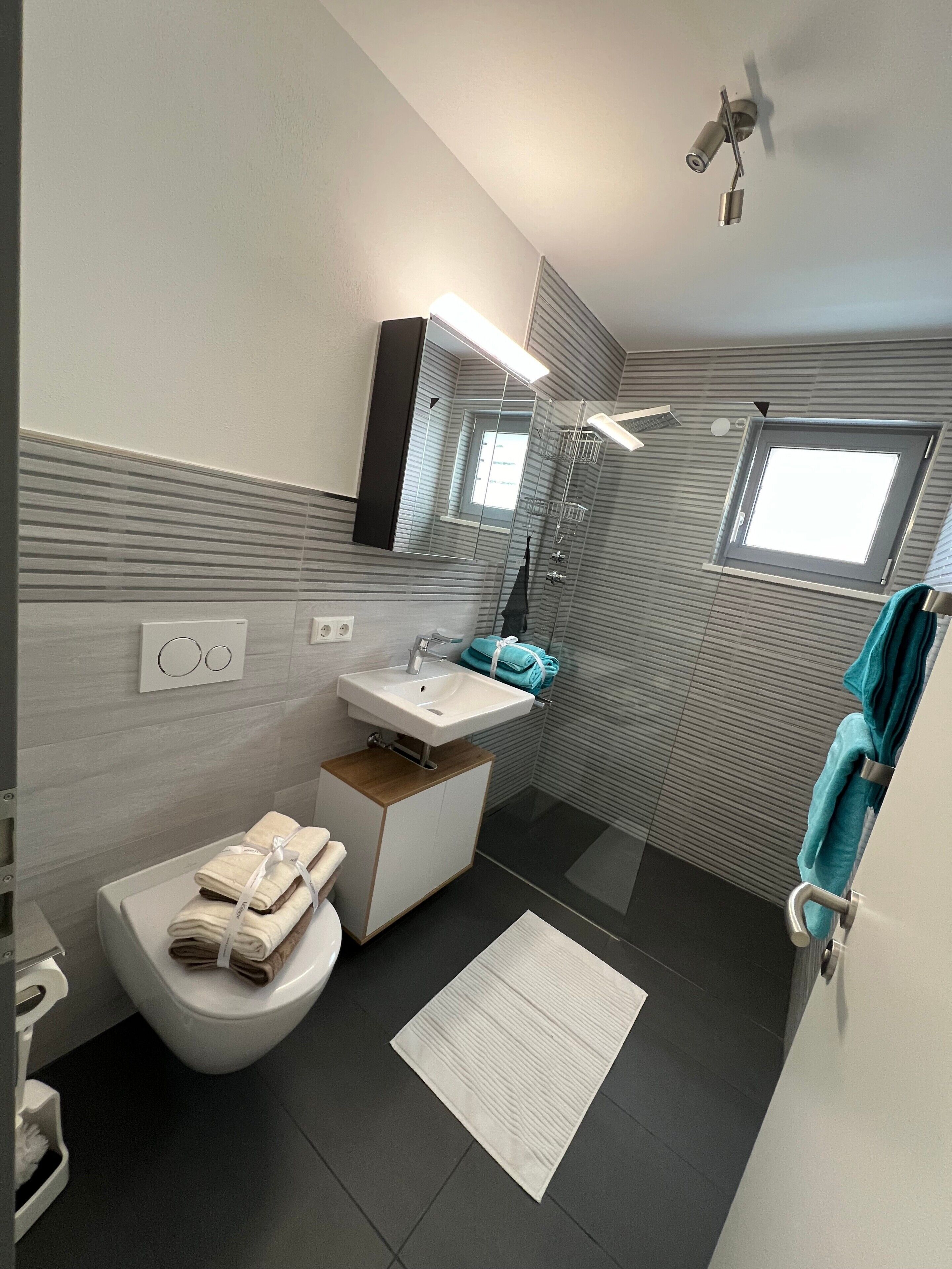 Dusche, kostenlose Toilettenartikel, Haartrockner, Handtücher