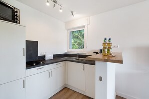 Fridge, microwave, stovetop, coffee/tea maker - Apartment '1-Zimmer  Am Hochwald' with Private Terrace, Private Garden and Wi-Fi (Bad Liebenzell)
