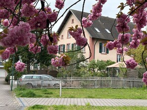 A residential building with a sloped roof, a wooden fence, and a car parked in front. - 'Single Room Ahorn, Nature, Wellness' with Private Terrace, Garden, and Wi-Fi (Ottersweier)