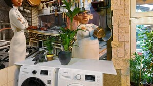 Un área de cocina con lavadora, una planta en maceta y un mural grande de un chef.