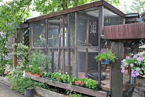 Ein Vogelhaus mit einem Netzgehege, umgeben von verschiedenen Pflanzen und Blumen.