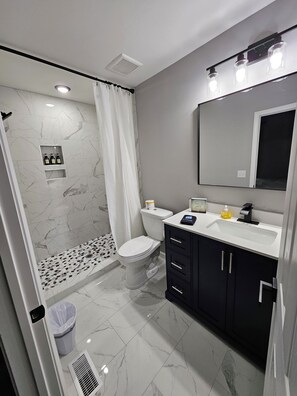 Shower, hair dryer, towels, soap