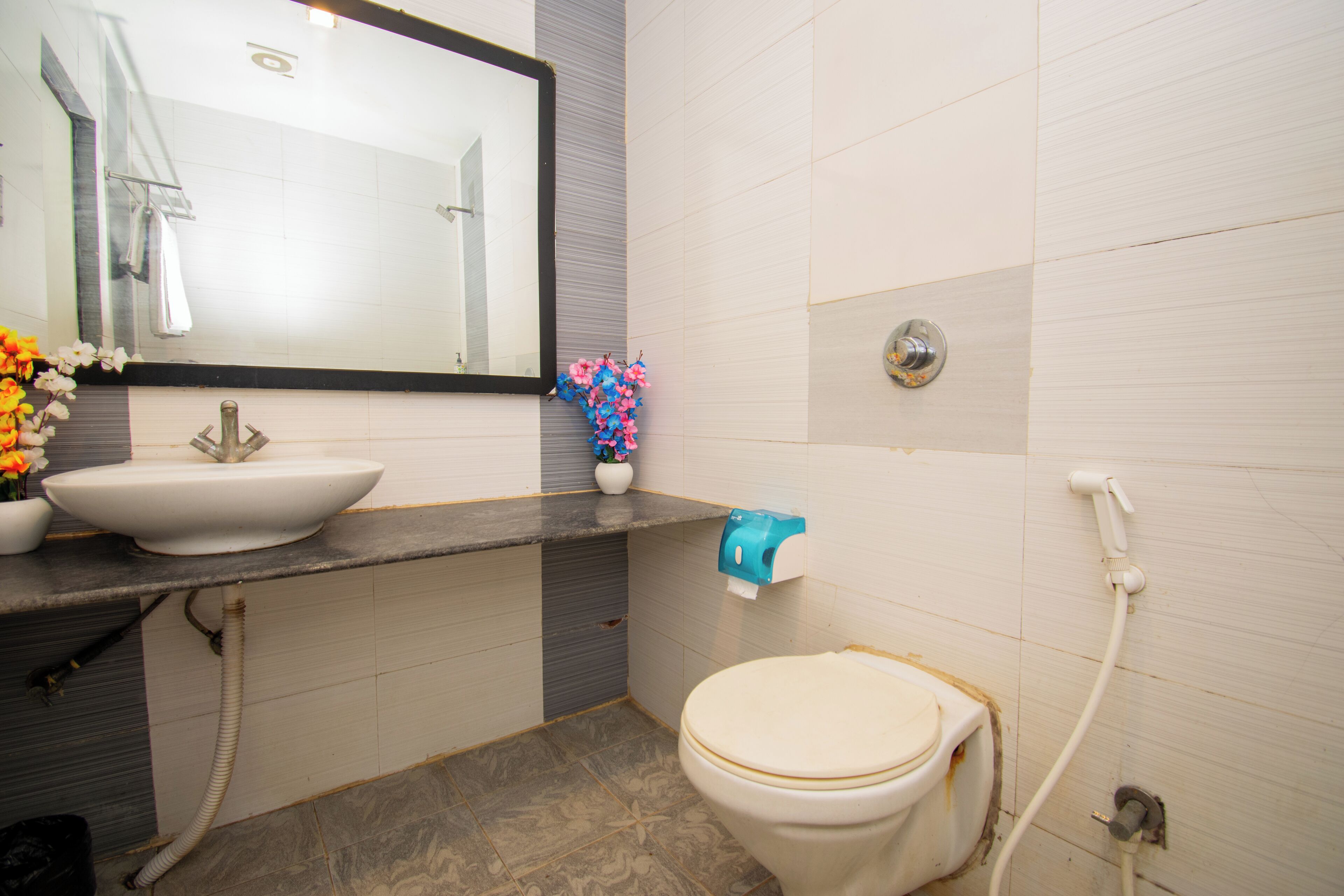 Une salle de bain équipée d’un lavabo, d’un miroir, de toilettes et d’une douche.