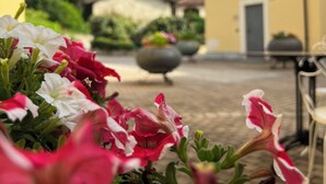 A courtyard with a yellow building, a round window, and a large planter. - Casale Milleseicento (Gavi)