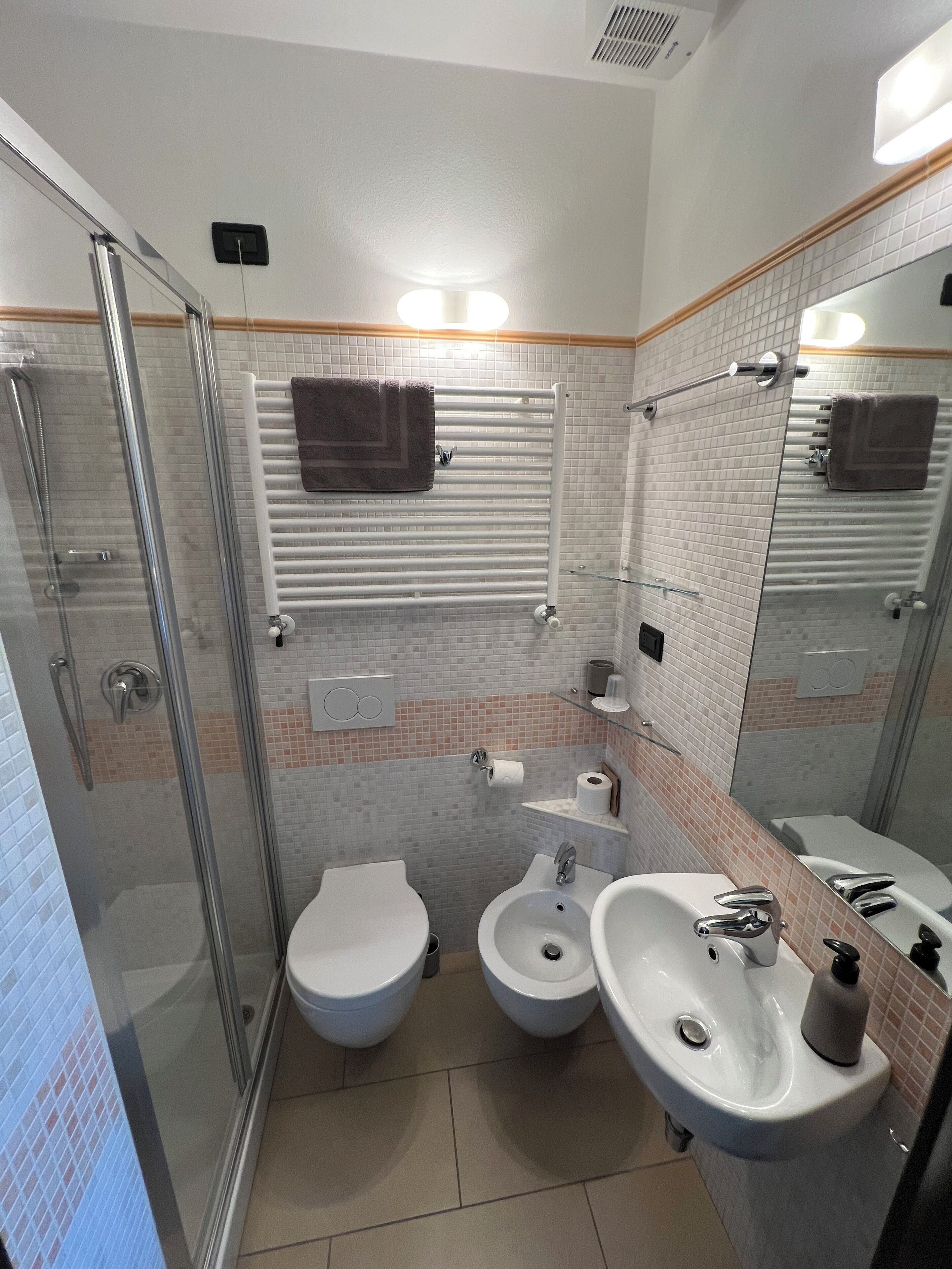 Een douche, een haardroger, handdoeken, zeep
