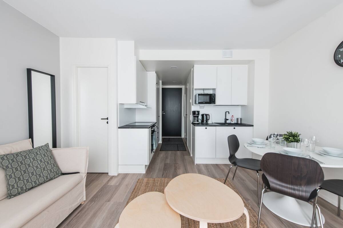 A modern apartment with a living area, kitchenette, and dining space.