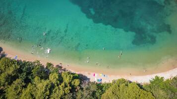 Vista aérea de una playa con aguas turquesas cristalinas, una orilla arenosa y árboles verdes y frondosos.