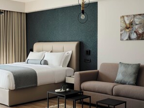 Deluxe Suite, Balcony, City View | Hypo-allergenic bedding, in-room safe, desk, laptop workspace - AVA Hotel & Residences Athens Riviera (Kallithea)
