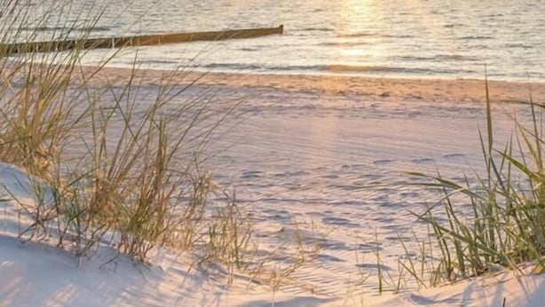 A beach with sand and grass, a wooden structure, and the sun setting over the water. - La parenthèse Arcachonnaise" apartment (Arcachon)