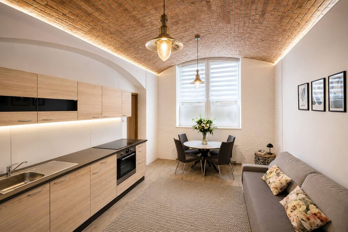 A modern kitchen with a brick ceiling, wooden cabinets, a dining area with a table and chairs, and a sofa with floral cushions.