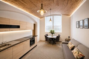 Family Apartment, 2 Bedrooms, Kitchen, Courtyard Area | Private kitchen | Full-sized fridge, microwave, oven, stovetop - Residence Dobrovskeho 30 (Prague)