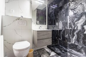 Douche, séchoir à cheveux, serviettes fournies, savon