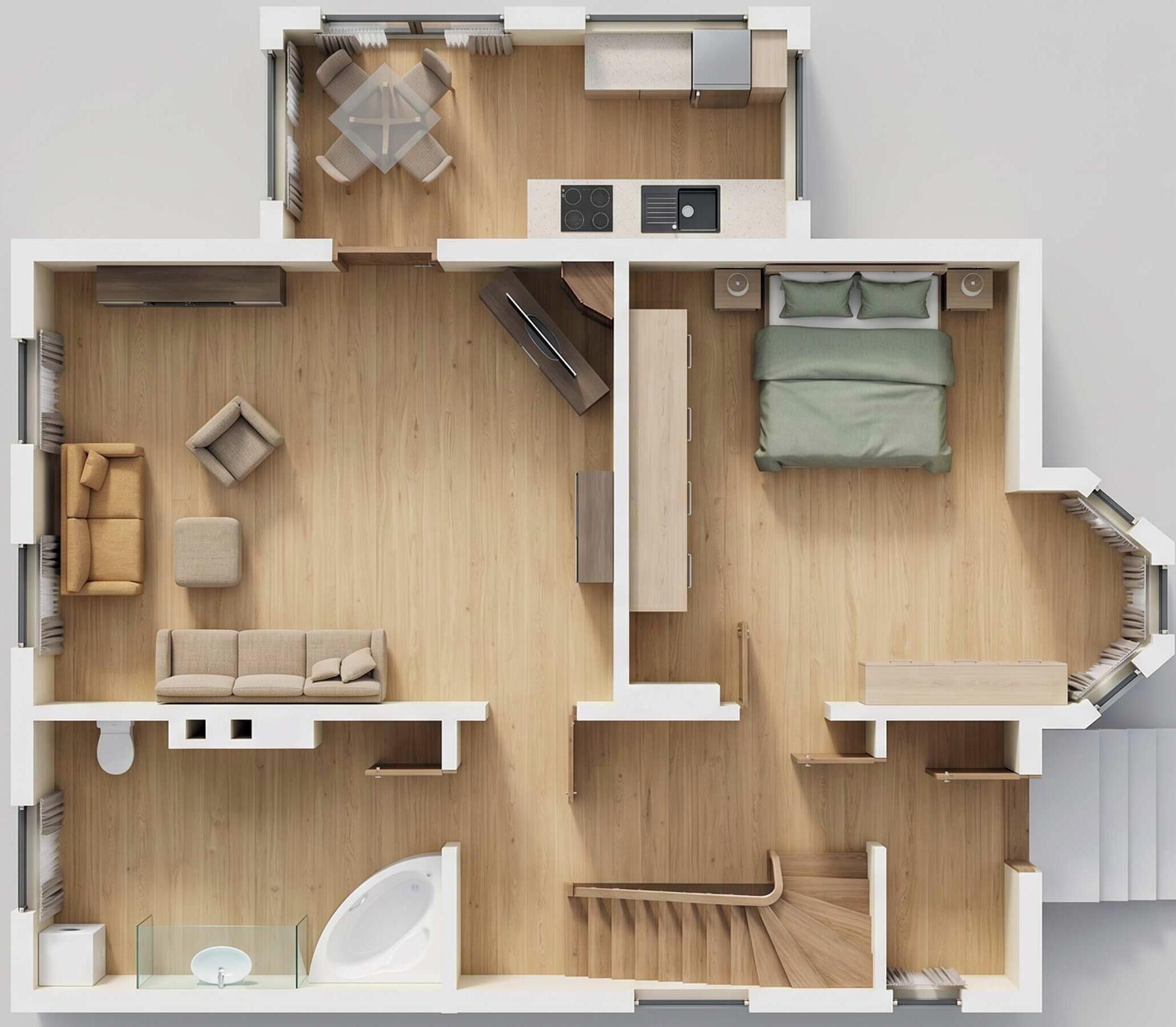 Grundriss eines Hotelzimmers mit Bett, einer Sitzecke inklusive Sofa und Sesseln, einer kleinen Küche und einem Badezimmer.