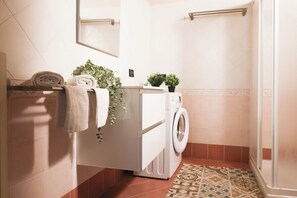 Shower, hair dryer, bidet, towels