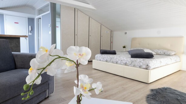 A modern bedroom with a bed, a sofa, and a vase of white orchids.