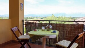 Ein Balkon mit Tisch für zwei Personen, einem Stuhl, einer Zierblume und Blick auf die Landschaft.