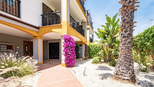 A hotel entrance with a brick pathway, a balcony with black railings, and a palm tree.