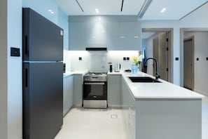 Deluxe Apartment, 2 Bedrooms, Non Smoking, City View | Private kitchen | Fridge, microwave, oven, stovetop