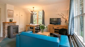 Ein gemütliches Wohnzimmer mit Kamin, Fernseher, Essbereich und großem Fenster mit Vorhängen.