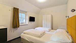 A small, clean room with a bed, a wardrobe, a television, and a window with curtains. - Ground-floor bungalow for 4 people (Herpen)
