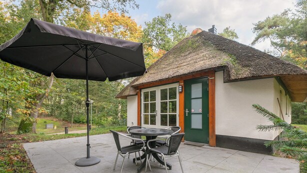 A thatched-roof building with a green door, a round table with chairs, and a black umbrella. - Ground-floor bungalow for 4 people (Herpen)